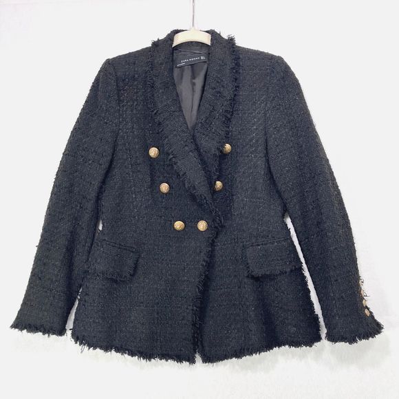 Zara Jackets & Blazers - Zara Blazer Women Medium Black Tweed Boucle Fringe Hem Gold Buttons Textured